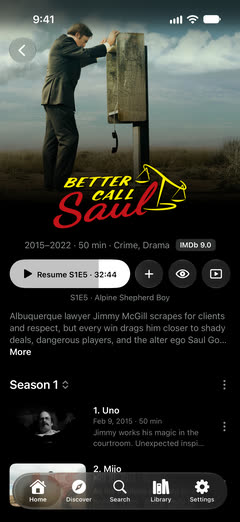 Tortuga on iPhone: a series’ detail page with Resume and its episodes.