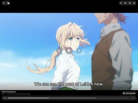 Tortuga on iPad: the player, paused on an animated series with a subtitle on screen.