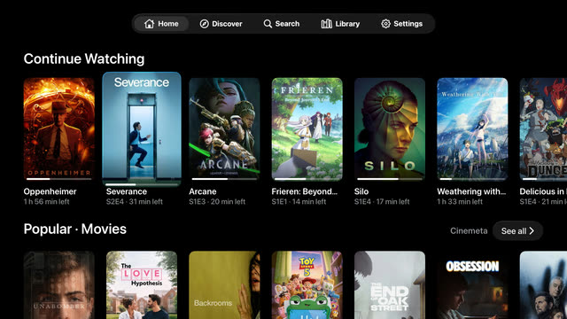 Tortuga on Apple TV: Home, with a full Continue Watching row above the catalogs.