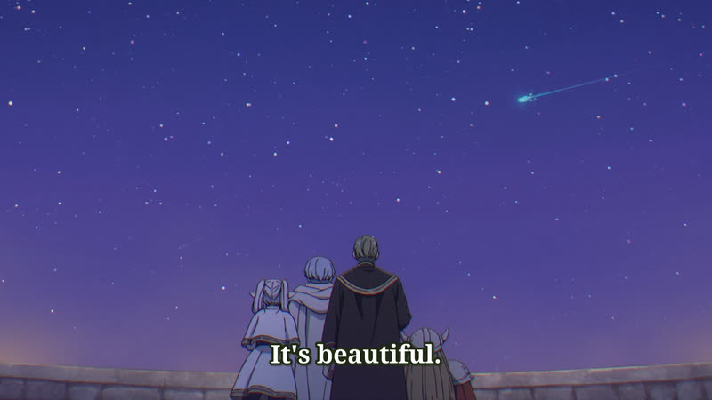 Frieren: Beyond Journey’s End. The heroes watch a meteor shower from a city wall, with the subtitle “It’s beautiful.”